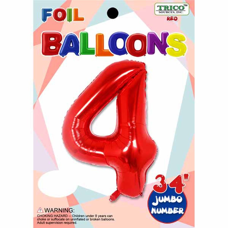 "Red Number #4 Foil Balloon - 34 Inches Tall"