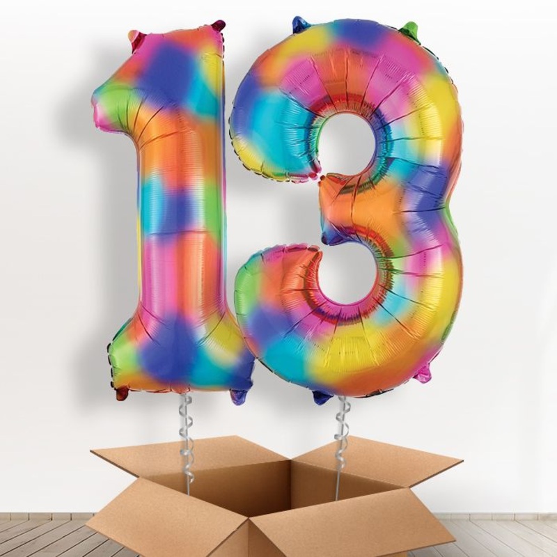 Rainbow Number 13 Helium Balloons in a Box