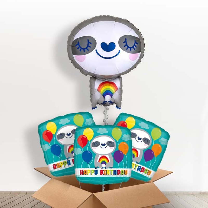 Sloth with Rainbow Foil Balloon in a Box