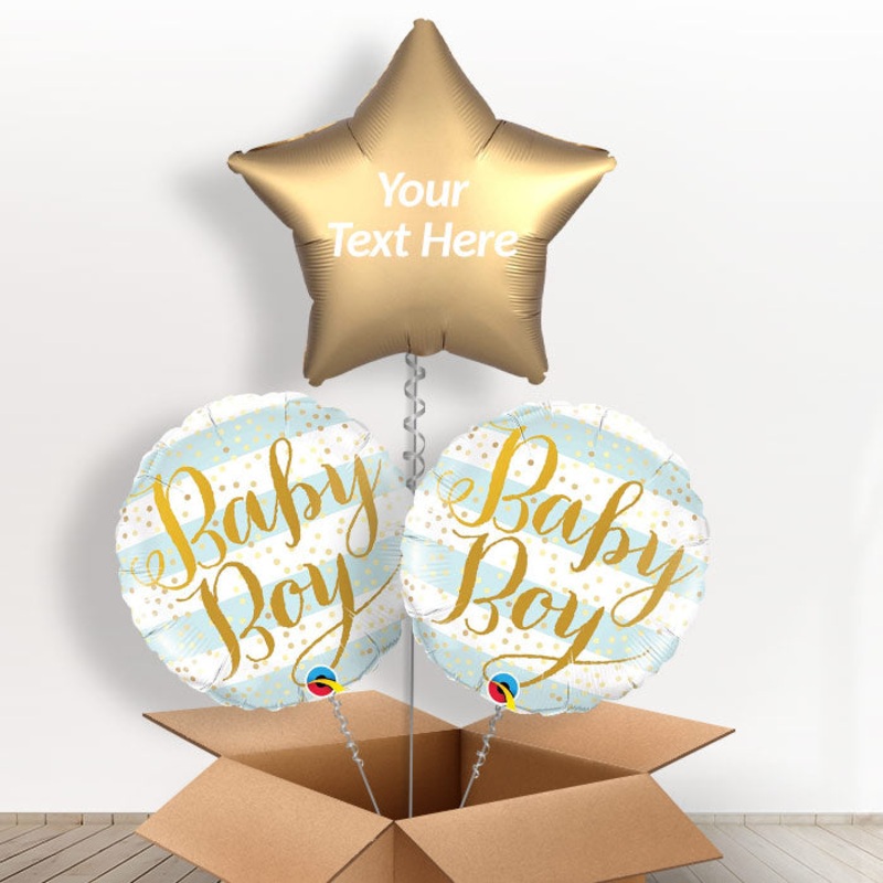 Blue and Gold Personalised New Baby Boy Balloons