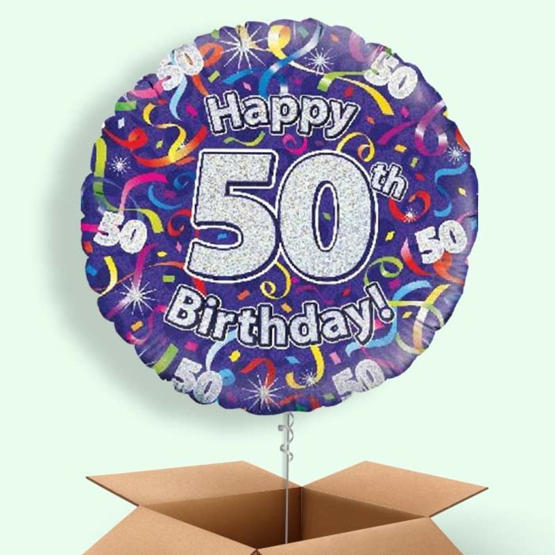Purple Streamers Happy 50th Birthday  Balloon in a Box
