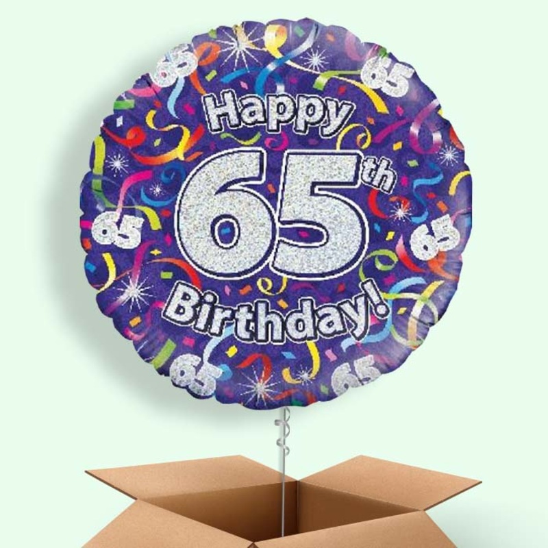 Purple Streamers Happy 65th Birthday  Balloon in a Box