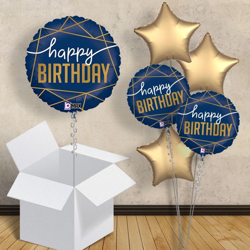 Blue and Gold Geometric Birthday Balloons in a Box