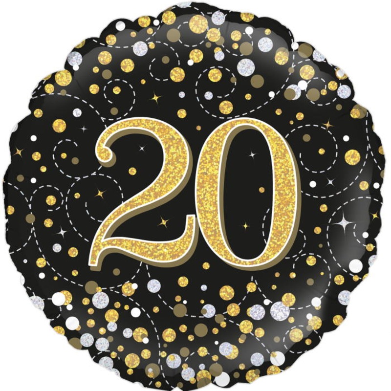 Black and Gold 20th Birthday Balloons - 18 inch Foil
