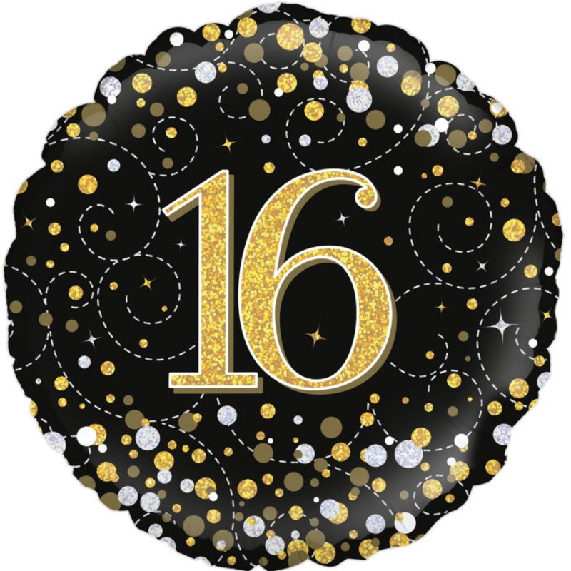 Black & Gold 16th Birthday Foil Balloon 18 inches