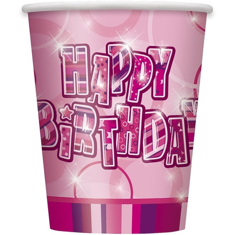 Happy Birthday Glitz Pink Party Cups Pack of 8