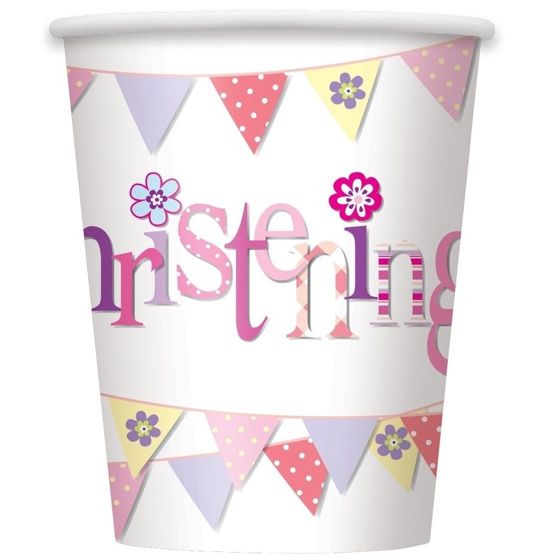 Pink Bunting Christening Party Cups Pack of 8