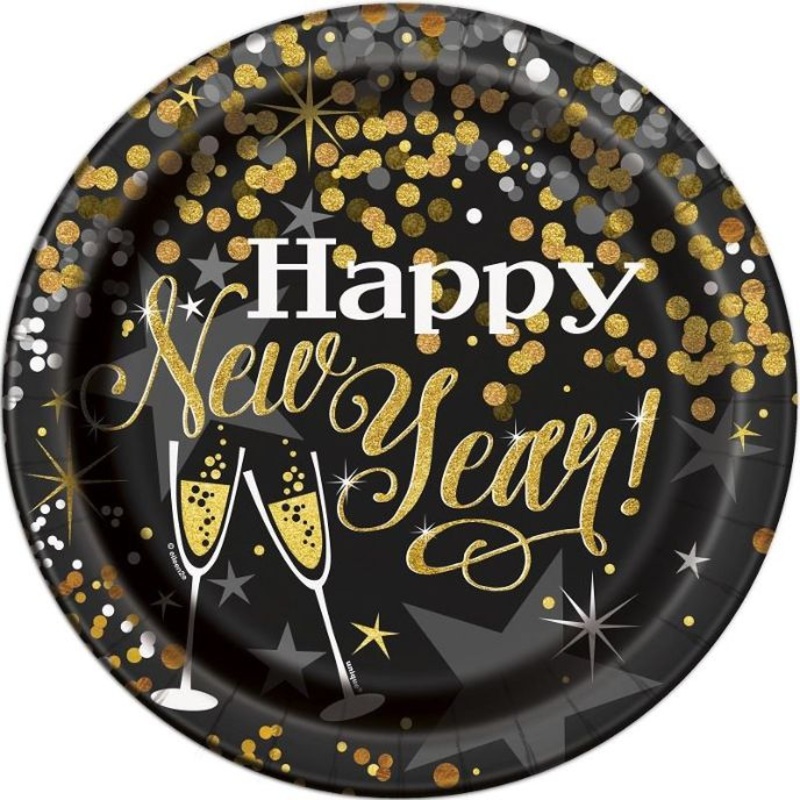 Happy New Year Glittering Party 23cm Plates Pack of 8