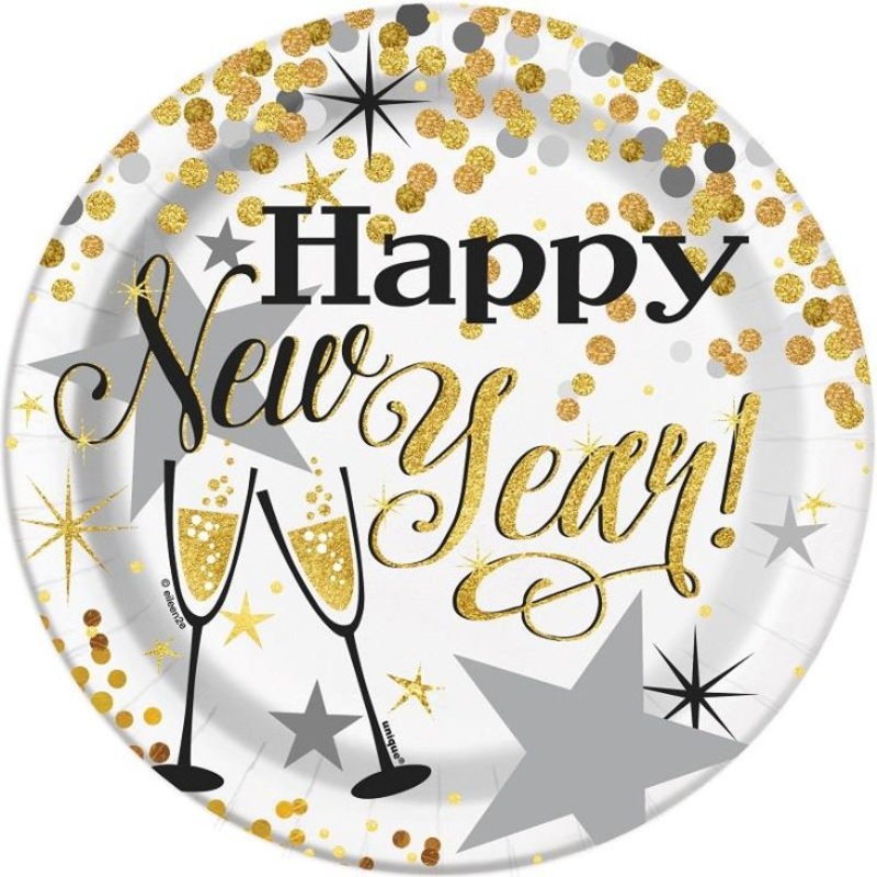 Happy New Year Glittering Party Cake Plates Pack of 8