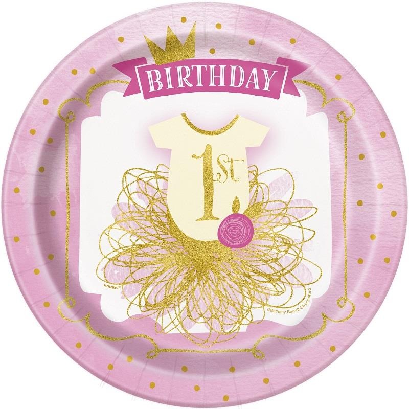Pink & Gold 1st Birthday Plates (Paper) Pack of 8