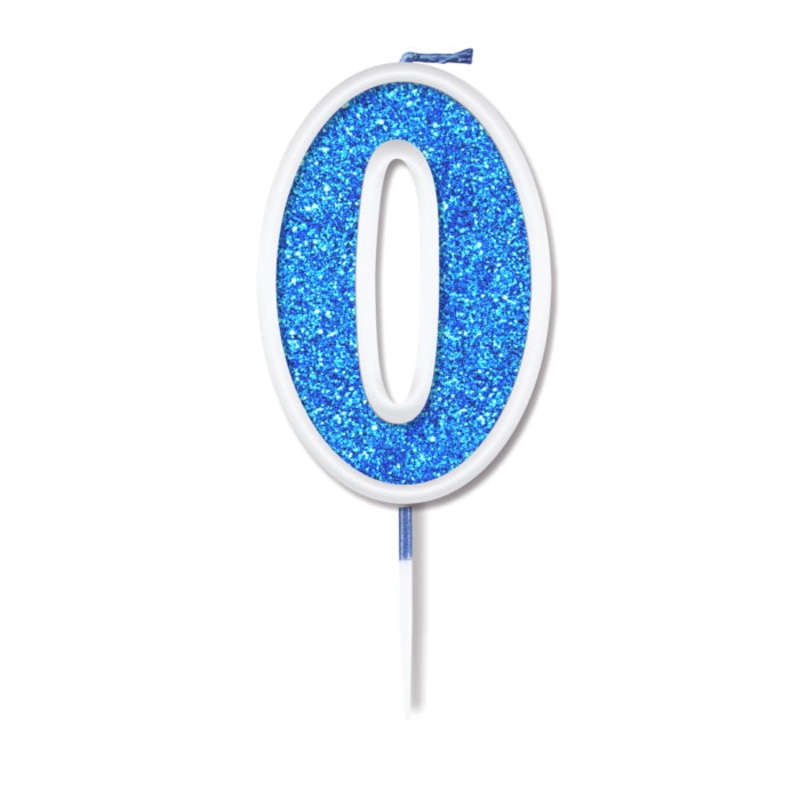 Number 0 Birthday Cake Candle - Blue Sparkling