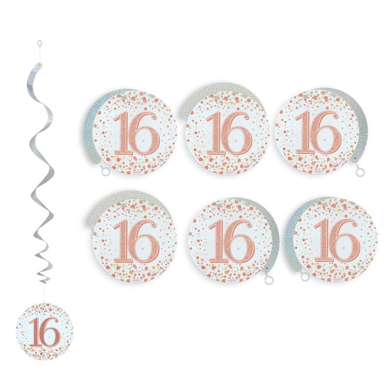 Rose Gold 16th Birthday Hanging Swirl Decorations Pack of 6