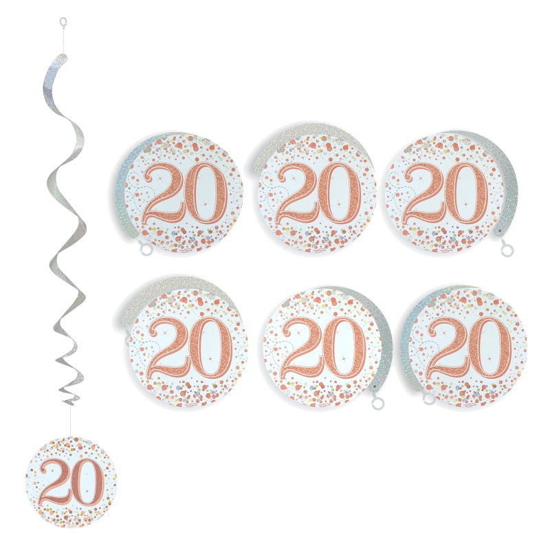 Rose Gold 20th Birthday Hanging Decorations Pack of 6