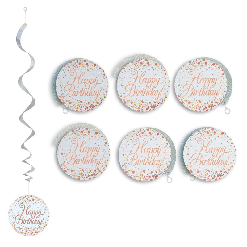 Rose Gold Birthday Hanging Swirls Pack of 6