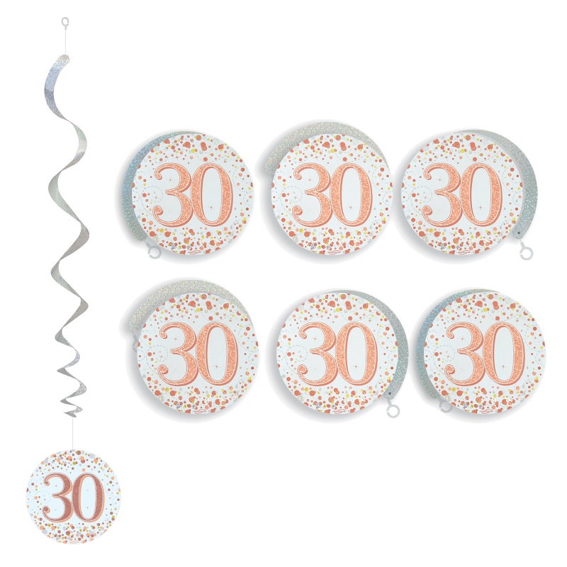 Rose Gold Fizz 30th Birthday Hanging Decorations Pack of 6