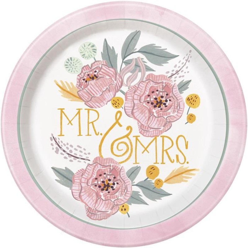 Painted Floral Wedding Party 23cm Party Plates Pack of 8