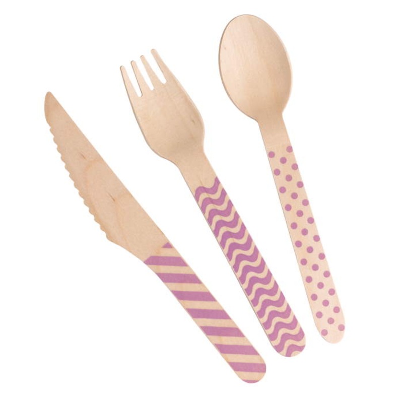 Purple Wooden Cutlery Set | Knife Fork and Spoon Pack of 24