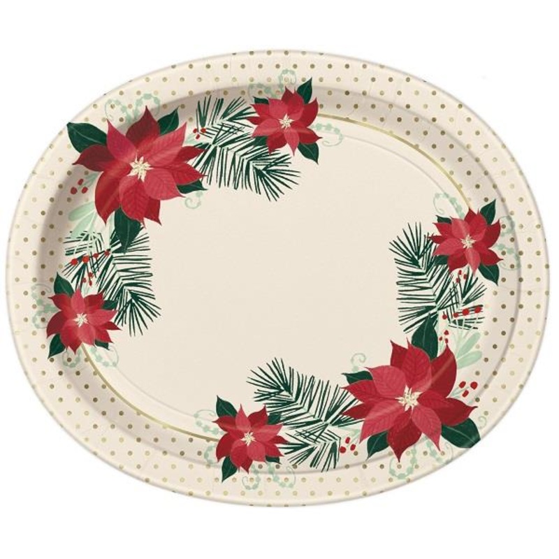 Poinsettia Red and Gold Foil Party Oval Plates Pack of 8