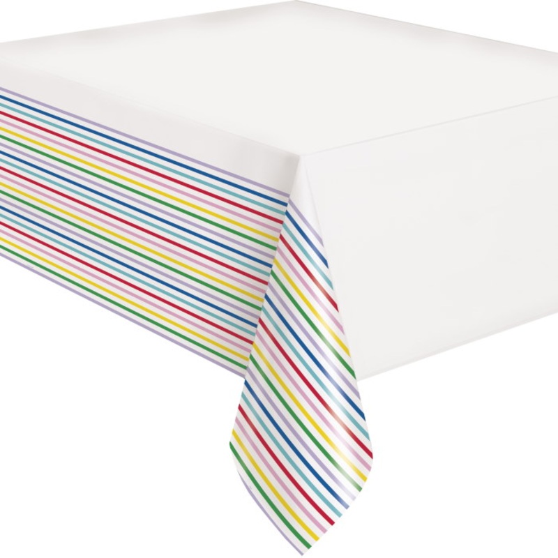 Primary Colours Striped Plastic Tablecover 1.37 x 2.13 metres