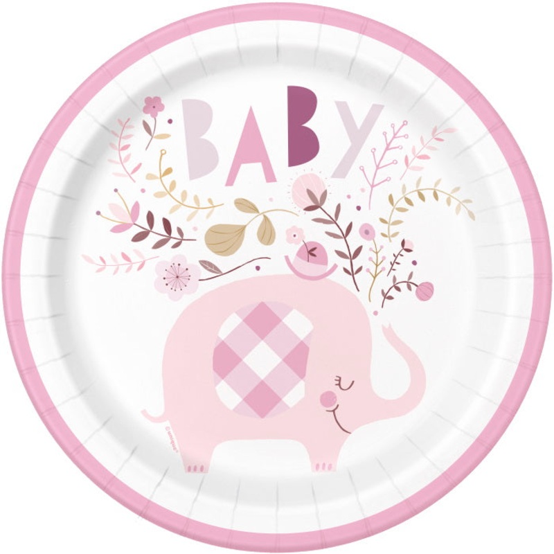 Elephant Pink Floral Baby Shower Plates Pack of 8