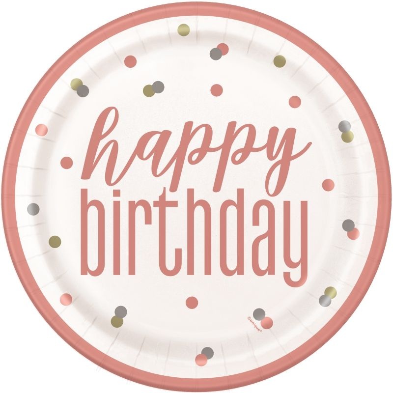 Glitz Rose Gold Birthday Plates Pack of 8