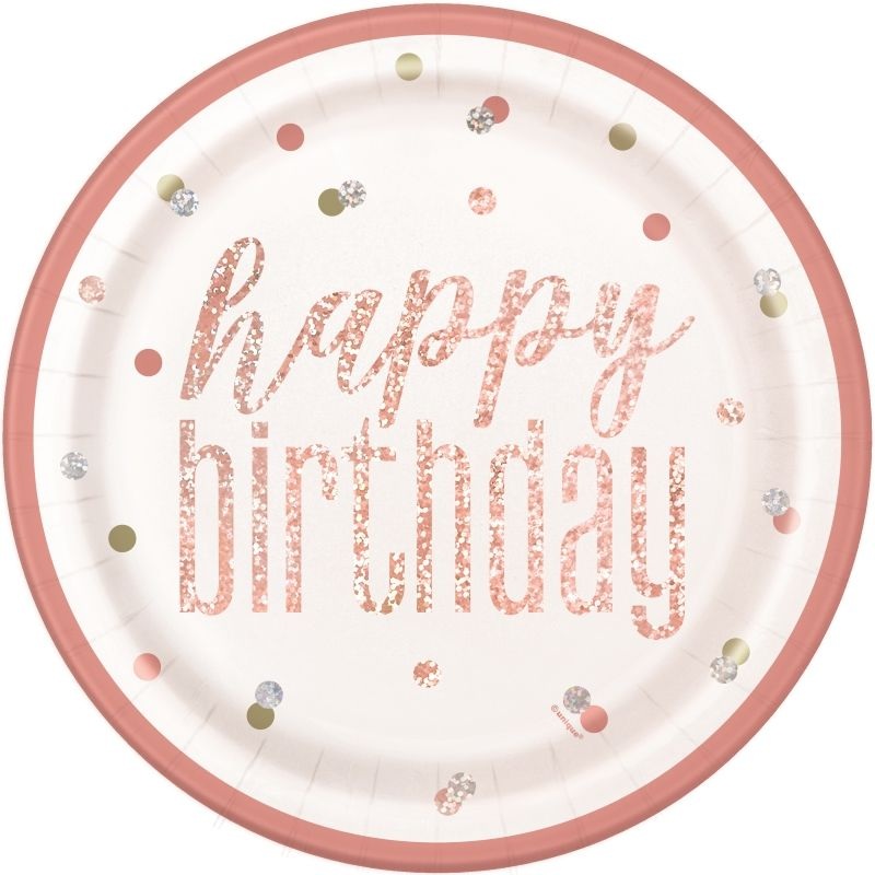 Holographic Rose Gold Birthday Plates Pack of 8