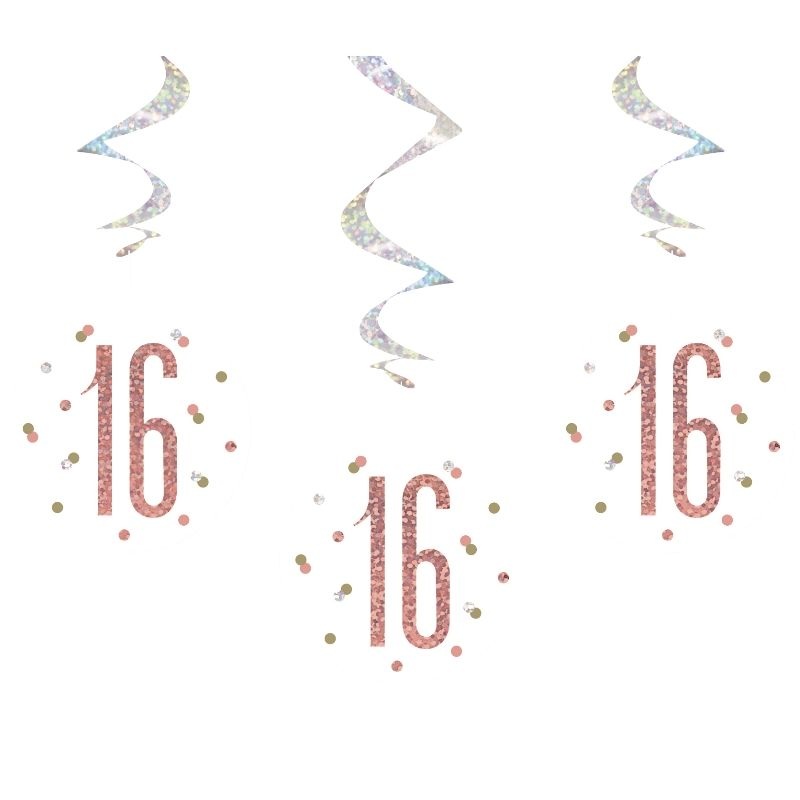Rose Gold 16th Birthday Hanging Decorations Pack of 6
