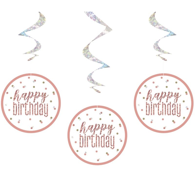 Rose Gold Birthday Hanging Decorations Pack of 6