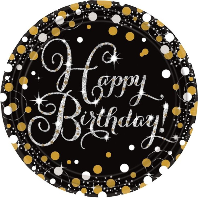 Gold Sparkling Happy Birthday Party Plates Pack of 8