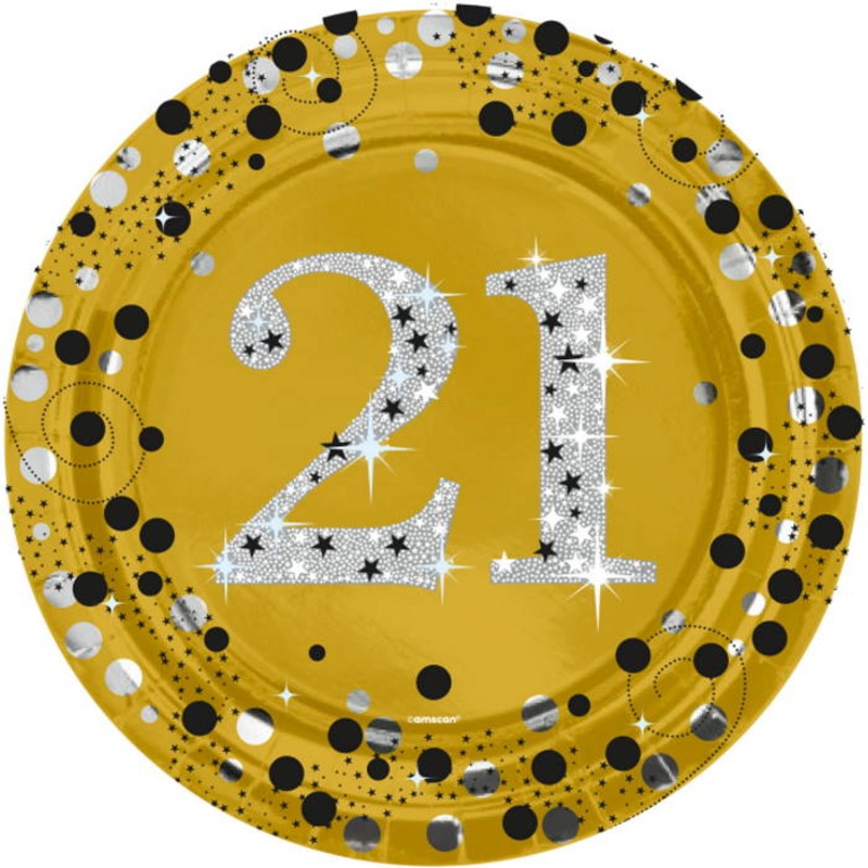 Gold Sparkling 21st Birthday 23cm Plates Pack of 8
