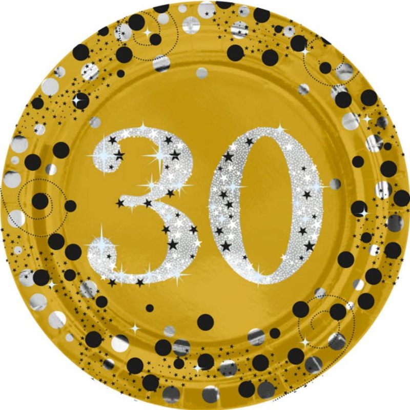 Gold Sparkling 30th Birthday 23cm Plates Pack of 8