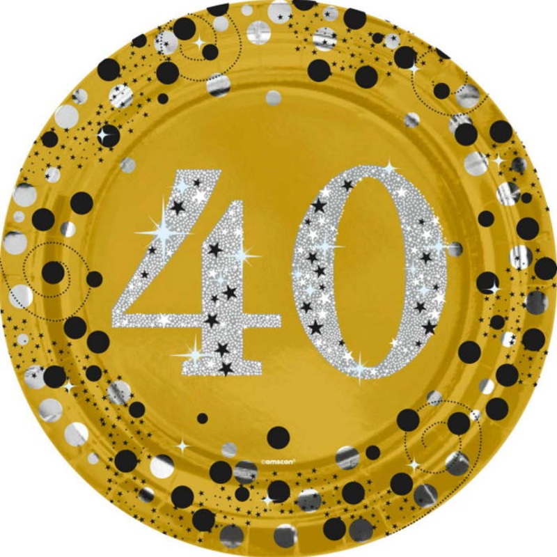 Gold Sparkling 40th Birthday 23cm Plates Pack of 8