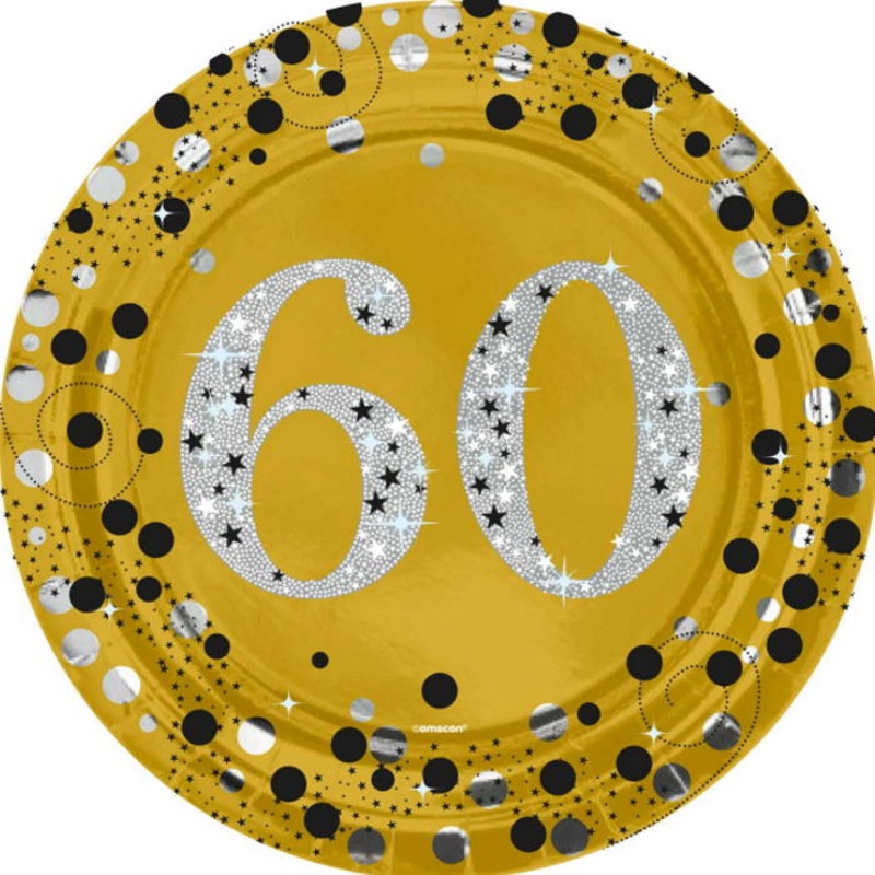 Gold Sparkling 60th Birthday 23cm Plates Pack of 8