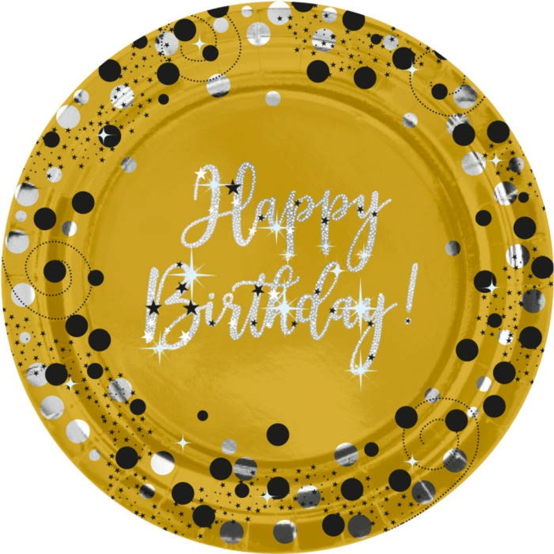 Gold Sparkling Happy Birthday 23cm Plates Pack of 8