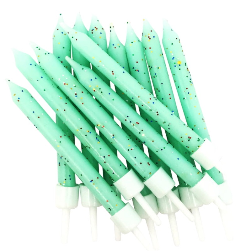 Mint Green Glitter Cake Candles | Decorations Pack of 12