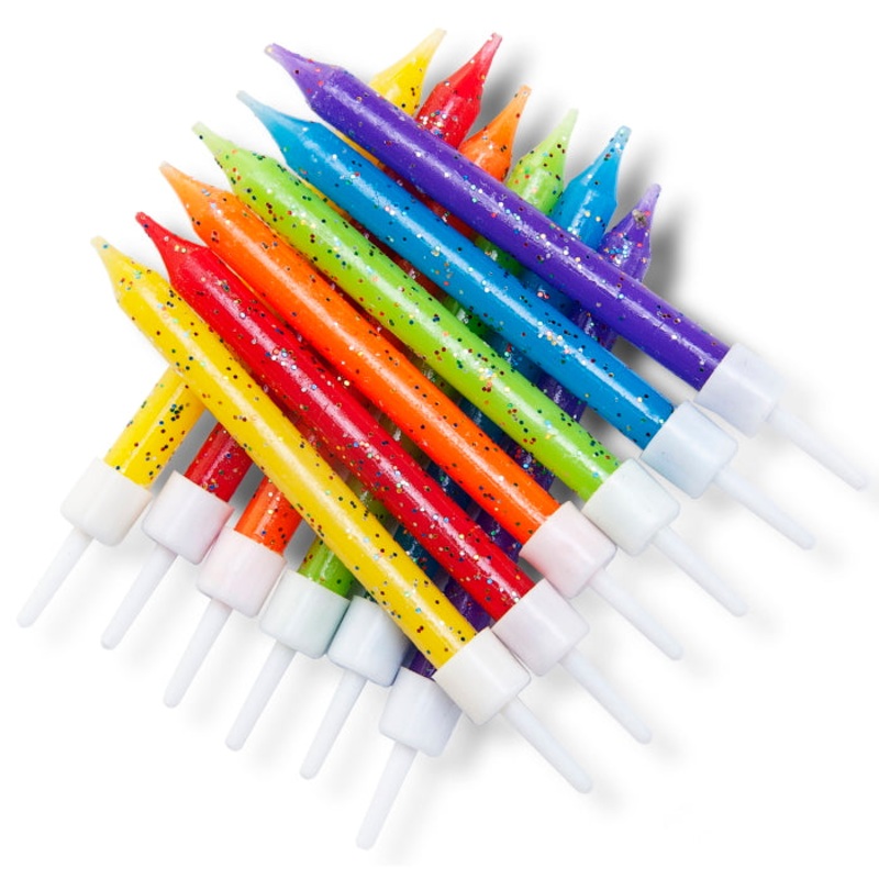Rainbow Coloured Glitter Cake Candles | Decorations Pack of 12