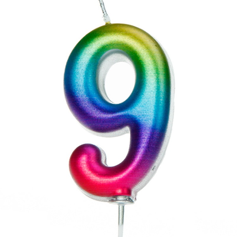 Rainbow Coloured Metallic Number 9 Candle