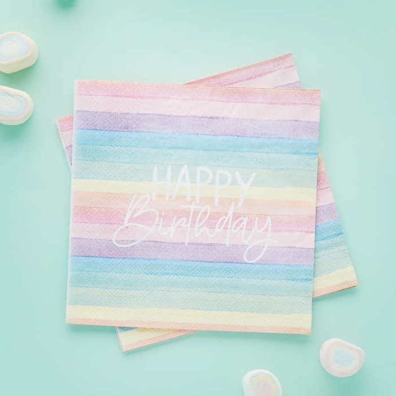 Pastel Rainbow Napkins Happy Birthday 16 Pack