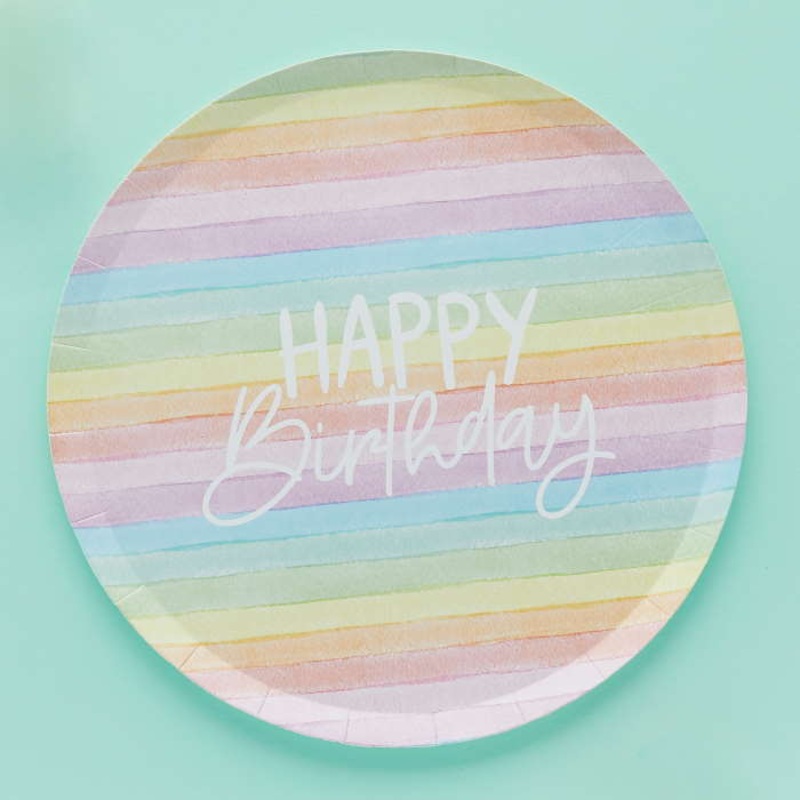 Pastel Rainbow Paper Plates Happy Birthday 8 Pack