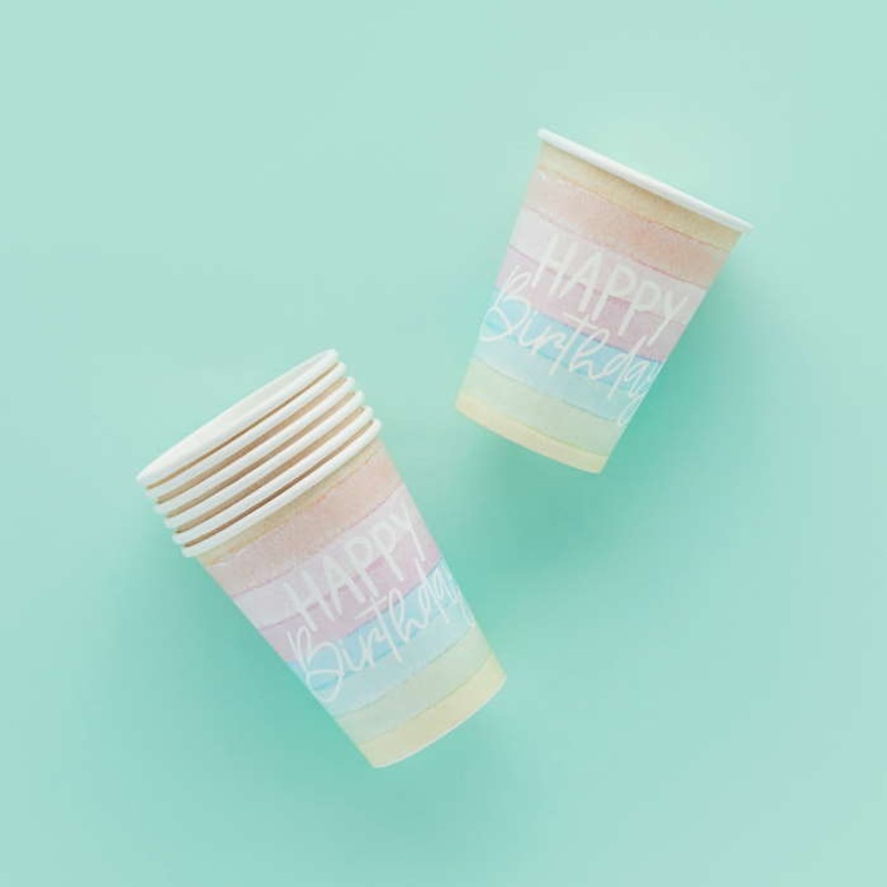 Pastel Rainbow Party Cups Happy Birthday 8 Pack