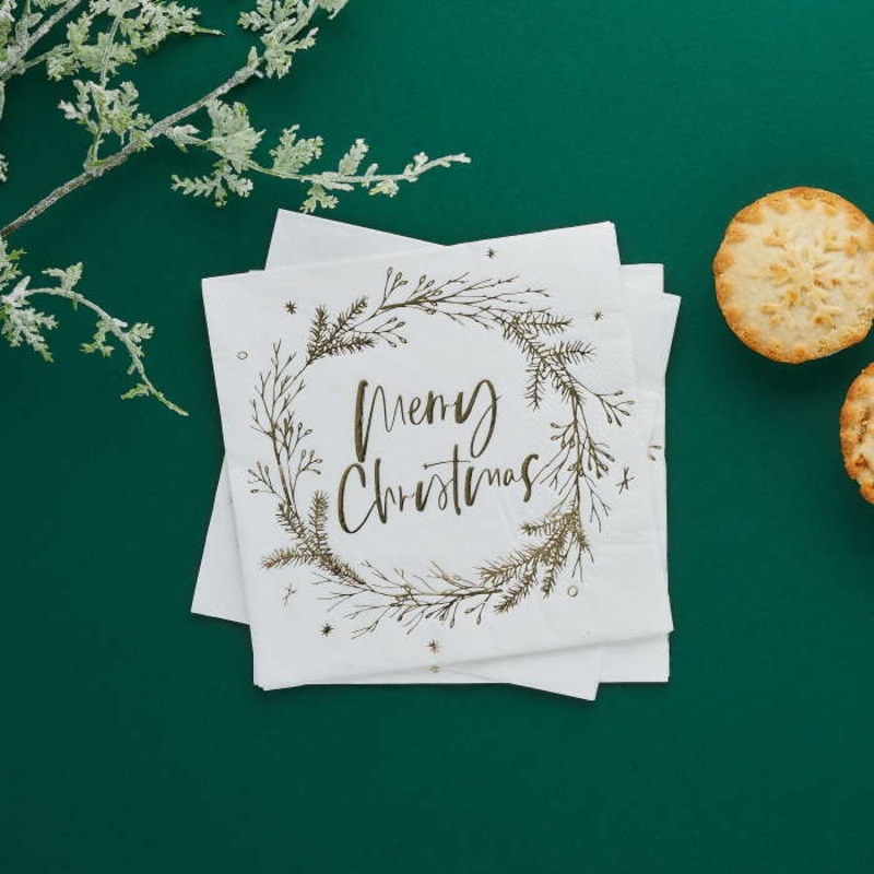 Gold Merry Christmas Wreath Napkins Pack of 20