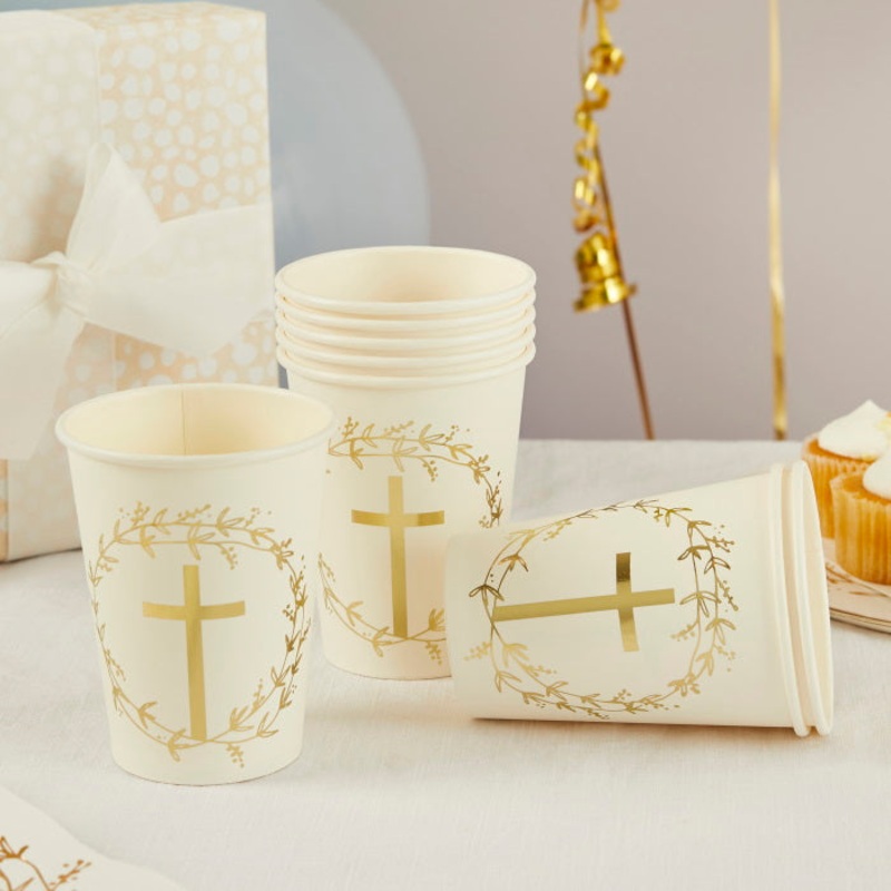 Gold Religious Cross Paper Cups Pack of 8