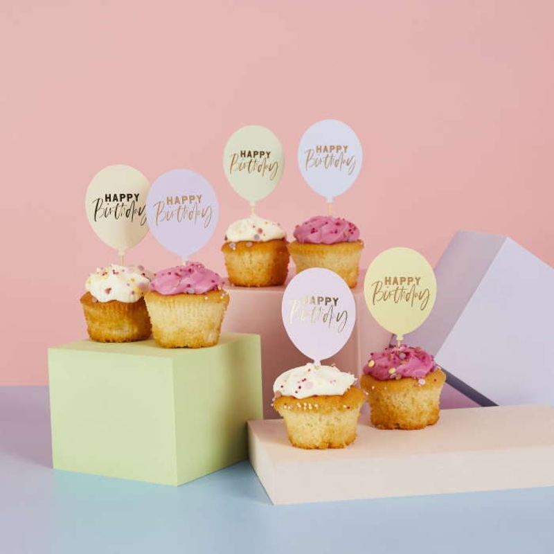 Pastel Happy Birthday Balloon Food Picks 12 Pack