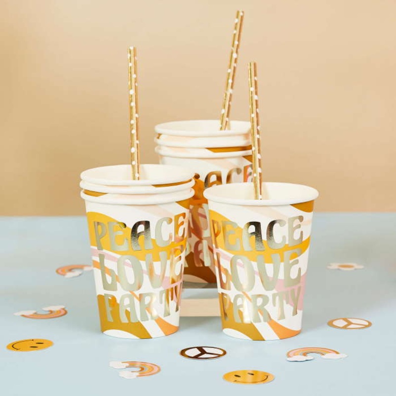 Peace Love Party Retro Paper Cups 8 Pack